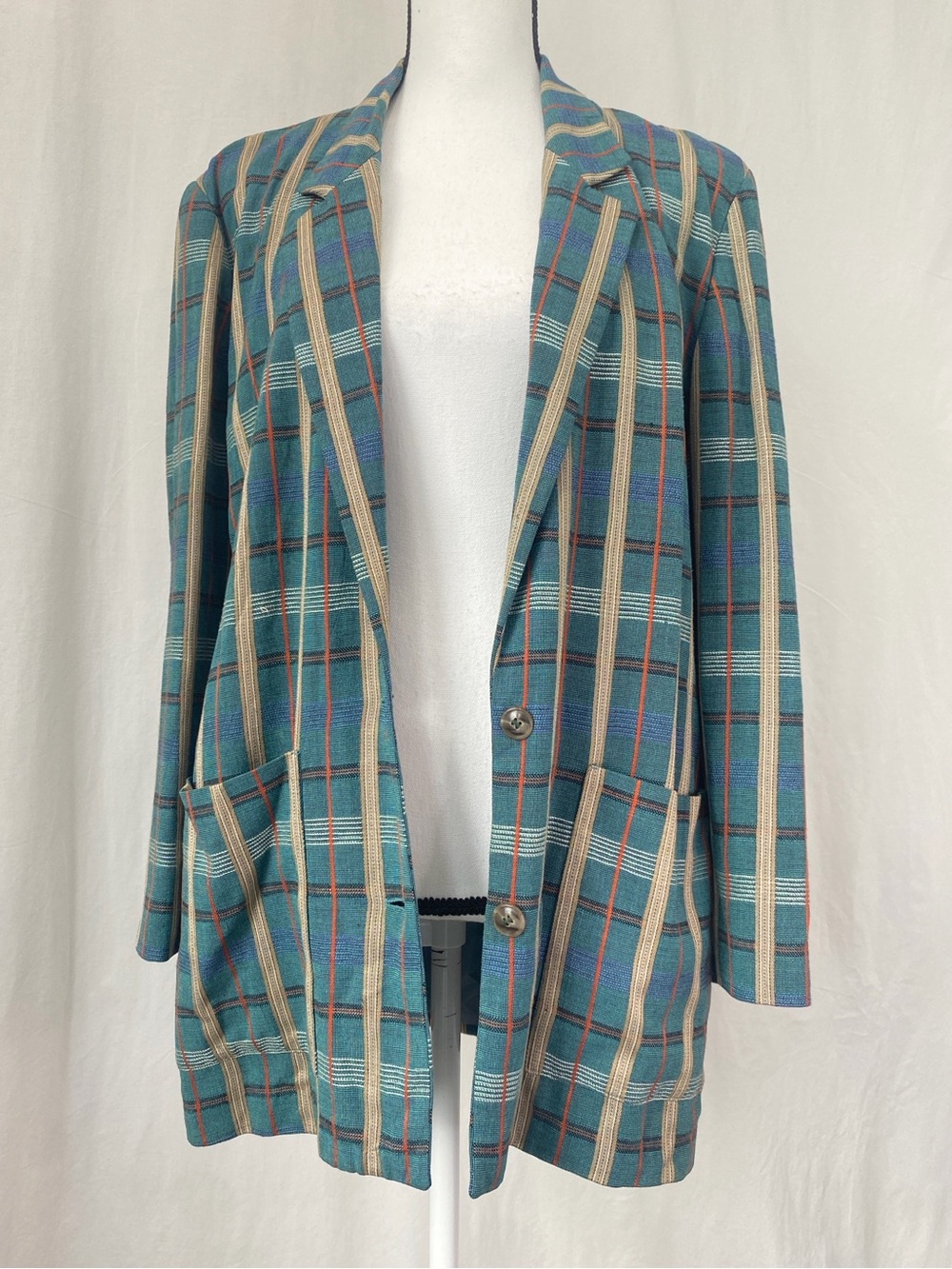 Liz Claiborne vintage 80-90s Teal Plaid Linen Rayon Blend Oversized Blazer sz 4